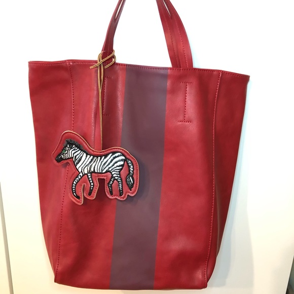 Red Faux Leather Tote Bag Embroidered Zebra Charm - Picture 2 of 6
